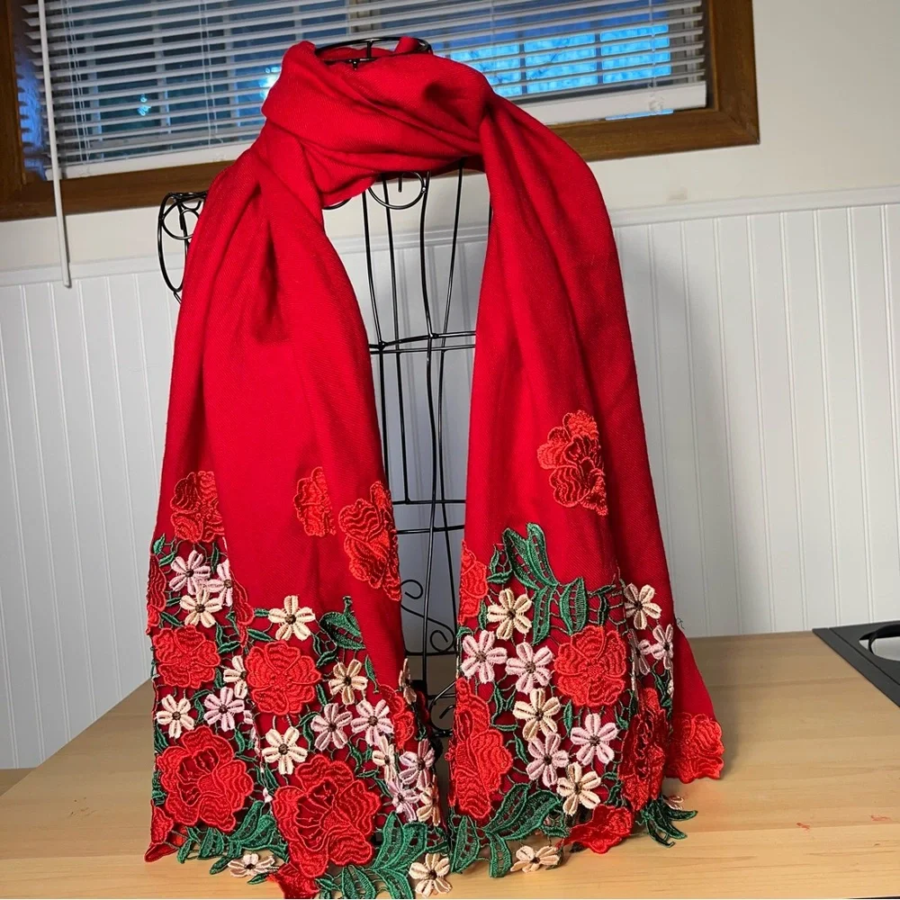 Vibrant Red Scarf Wrap 100-% wool It‎ has small holes,but they are very small.